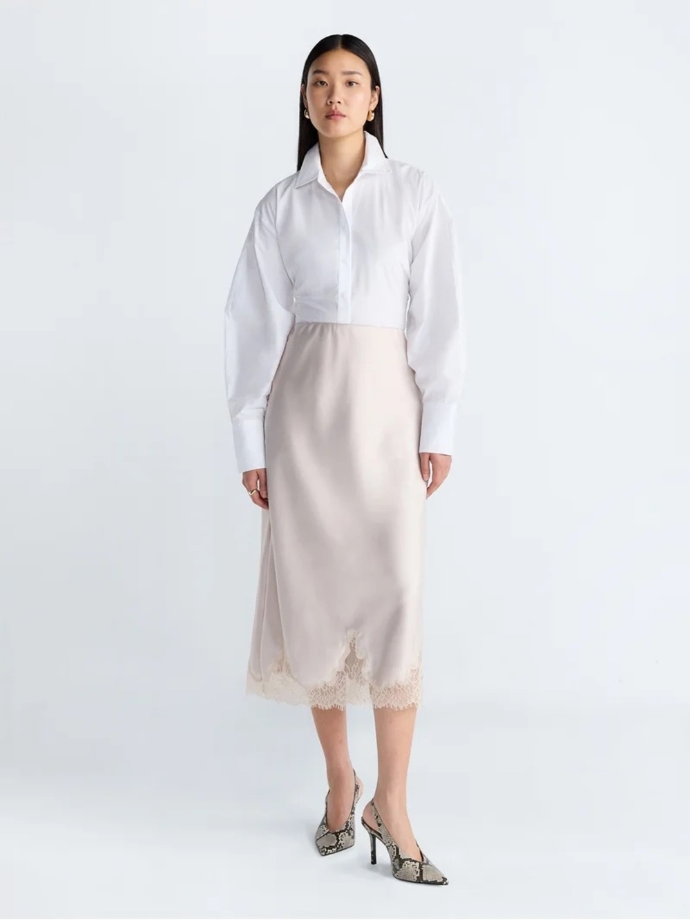 Scoop Midi Slip Skirt with Lace Trim SZ L